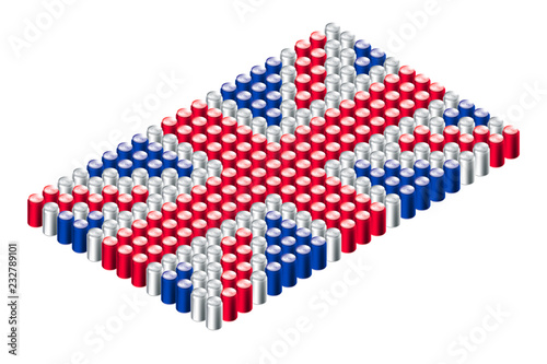 3D Isometric beverage can in row, United Kingdom national flag shape concept design illustration isolated on white background, Editable stroke