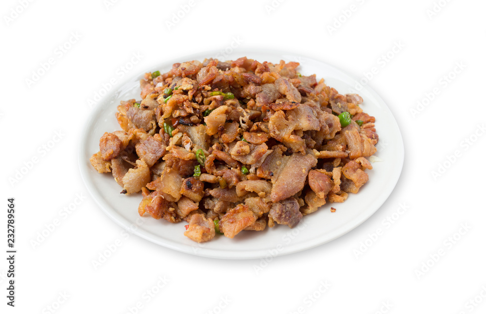 fried pork belly with fish sauce isolated on white background fried pork belly with fish sauce isolated on white background