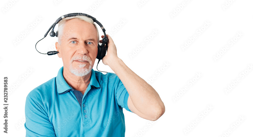 Senior ear test isolated on white background Senior ear test isolated on white background