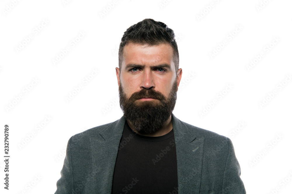 Obraz premium time for new haircut. Bearded man. Confident and handsome Brutal man. Getting beard haircut by hairdresser at barbershop. Male barber care. Mature hipster with beard. Hair and beard care