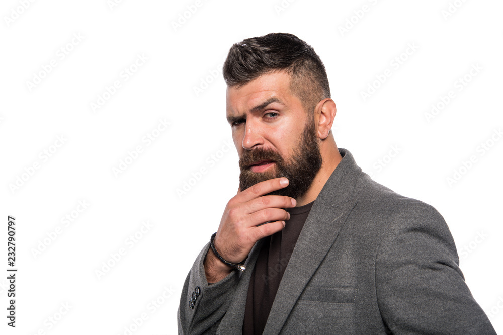 touching his perfect beard. Hair and beard care. Bearded man. Mature hipster with beard, copy space. Male barber care. Confident and handsome Brutal man. Man shaving. Really bad shave touching his perfect beard. Hair and beard care. Bearded man. Mature hipster with beard, copy space. Male barber care. Confident and handsome Brutal man. Man shaving. Really bad shave