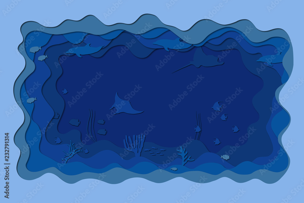 Naklejka premium Sea bottom with fish paper cut blue illustration