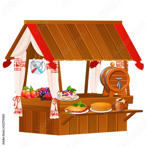 Stall for sale of food product isolated on white background. Tent on the marketplace. Vector cartoon close-up illustration.