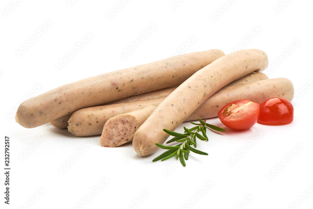 White Sausages For Grill with herbs and tomatoes, isolated on a white background. Close-up. White Sausages For Grill with herbs and tomatoes, isolated on a white background. Close-up.