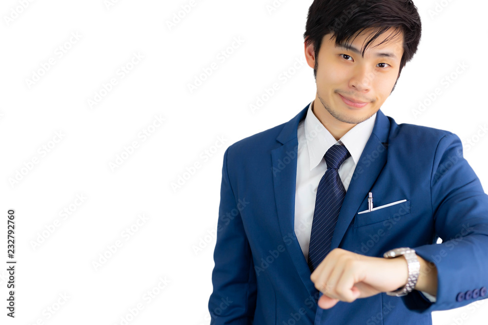 Happy time concept. Attractive handsome young businessman is telling someone that it’s the happy time or time to succeed of business. Handsome guy feels happy with smile. isolated on white, copy space Happy time concept. Attractive handsome young businessman is telling someone that it’s the happy time or time to succeed of business. Handsome guy feels happy with smile. isolated on white, copy space