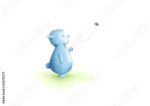 cute hand drawn illustration of blue fantasy animal standing  looking at flying ladybug  on white background