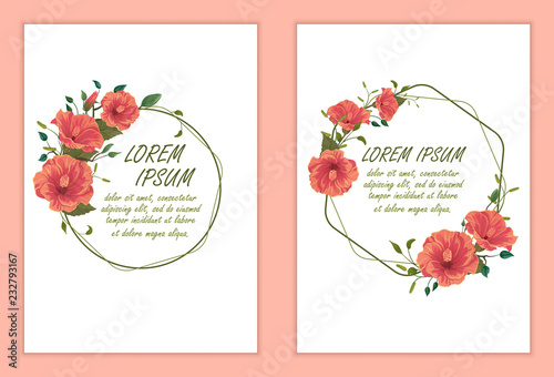 Wedding Invitation Template. A set of wreaths. Hibuscus flowers, different plants, foliage, leaves, twigs, bud. vegetable frame. White background. Hand-drawn, imitation of watercolor. photo