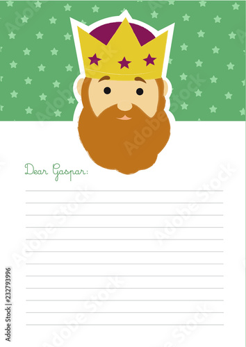 Letter template to king Gaspar with an illustration of his head at the top on a green background with stars