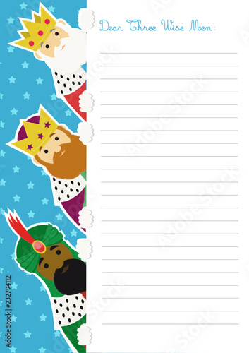 Letter template to the Three Wise Men with an illustration of them peeping out at the left side of the sheet