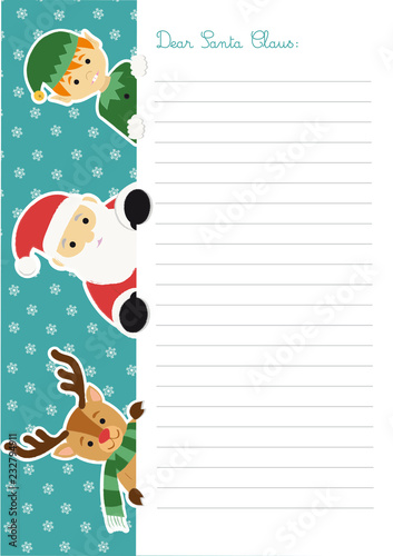 Letter template to Santa Claus with an illustration of him accompanied by an elf and a reindeer peeping out at the left side of the sheet