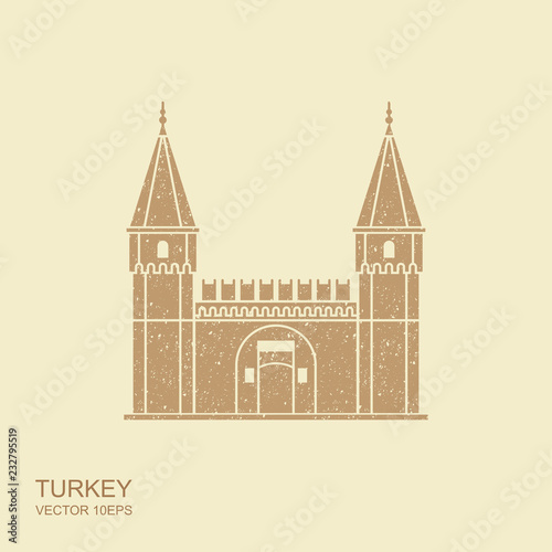 Topkapi Palace  Gate of Salutation  Istanbul  Turkey. Flat illustration with scuffed effect