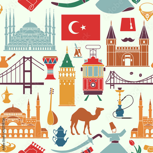 Pattern of country Turkey culture and traditional symbols. Seamless background