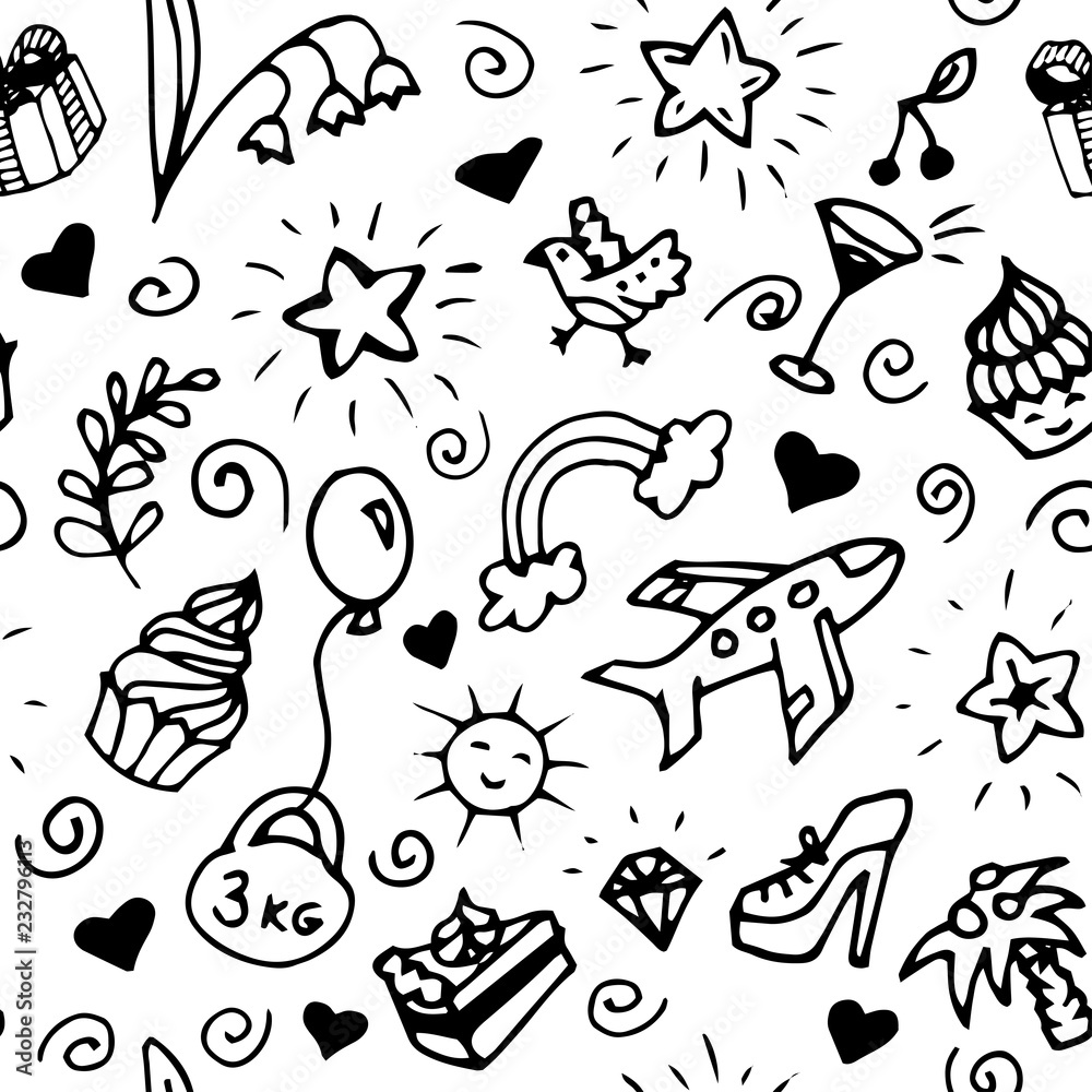 Fototapeta premium Birthday seamless pattern, black and white, doodle.