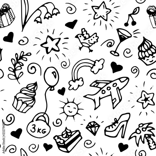 Birthday seamless pattern  black and white  doodle.