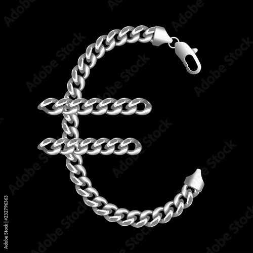 Silver euro money sign made of shiny thick silver chains.