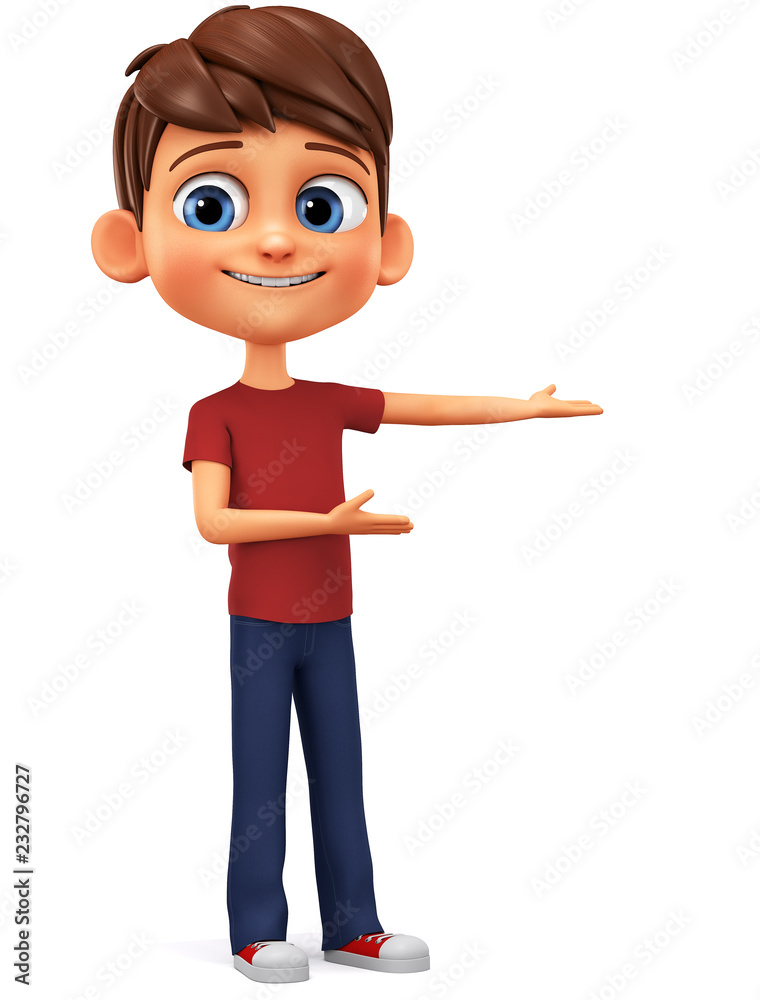 The character is a cheerful boy in a red T-shirt points hands on an empty space. 3d render Illustration for advertising.