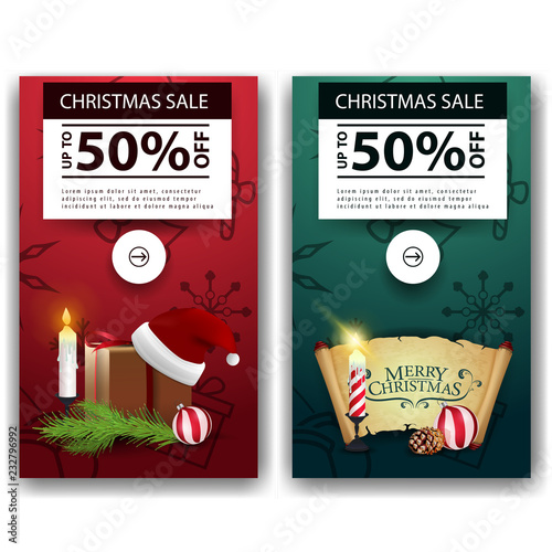 Two Christmas discount banners with gifts and old parchment 