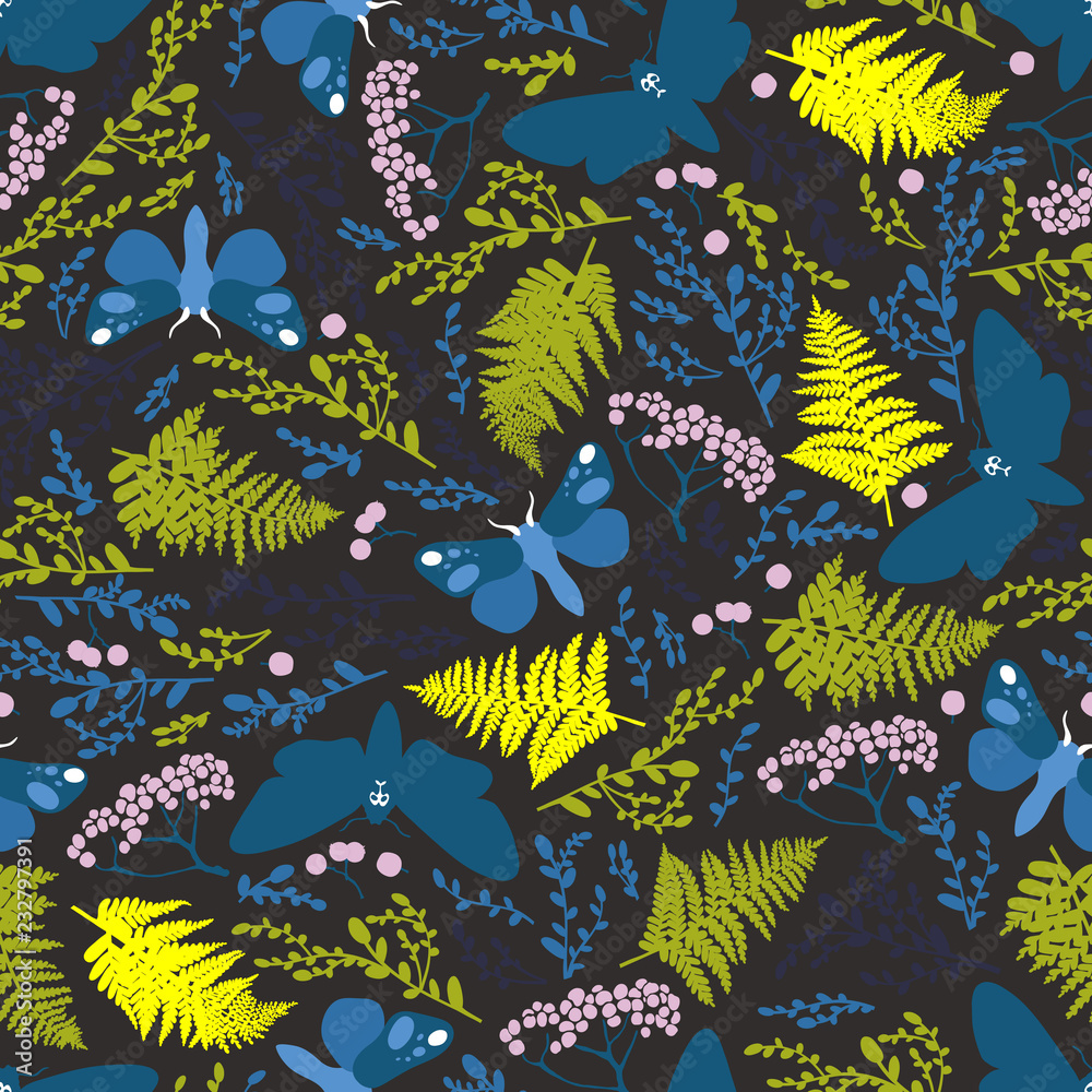 Seamless pattern with moths, plants and ferns at night. Vector illustration.