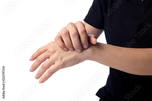 woman scratch the itch with hand on white background
