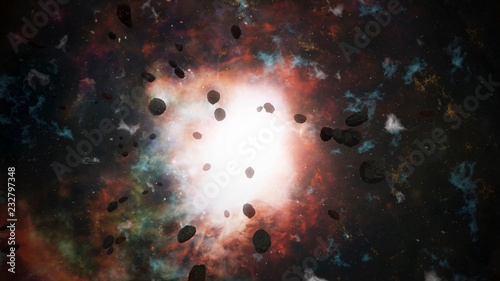 Meteor strike, meteoric shower across to sun, stars. Colorful cosmos background and rocks comes from sun. About Big Bang.