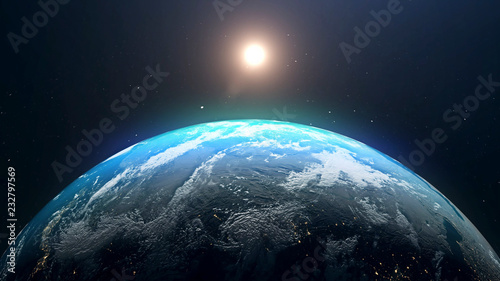 Fototapeta Naklejka Na Ścianę i Meble -  Planet Earth and sun. The sun is rising over World shading atmosphere, shading night to day 3D rendering.