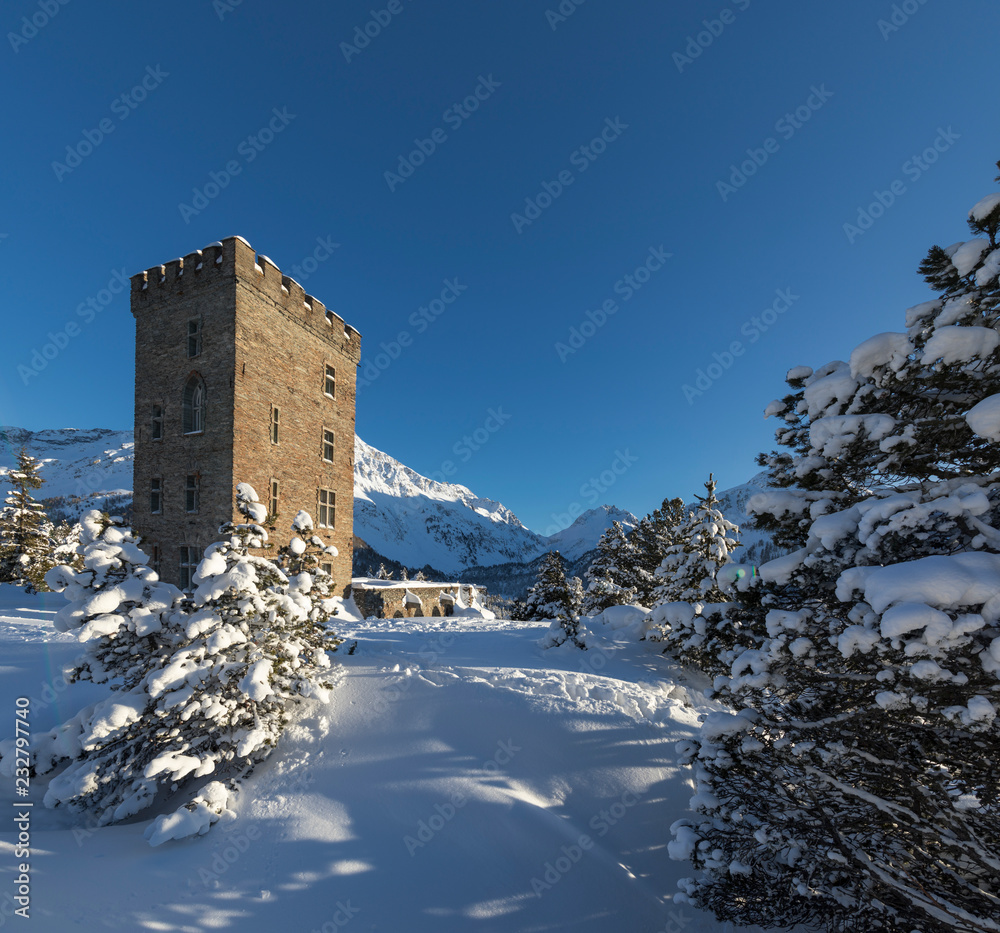Panoramic of Belvedere Tower surrounded by snow, Maloja Pass, Bregaglia Valley, canton of Graubunden, Engadin, Switzerland Panoramic of Belvedere Tower surrounded by snow, Maloja Pass, Bregaglia Valley, canton of Graubunden, Engadin, Switzerland
