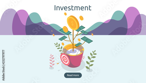 Business management growth concept. Returns on investment isometric vector illustration with money coin plant in flower pot. template for web landing page, banner, presentation, social media