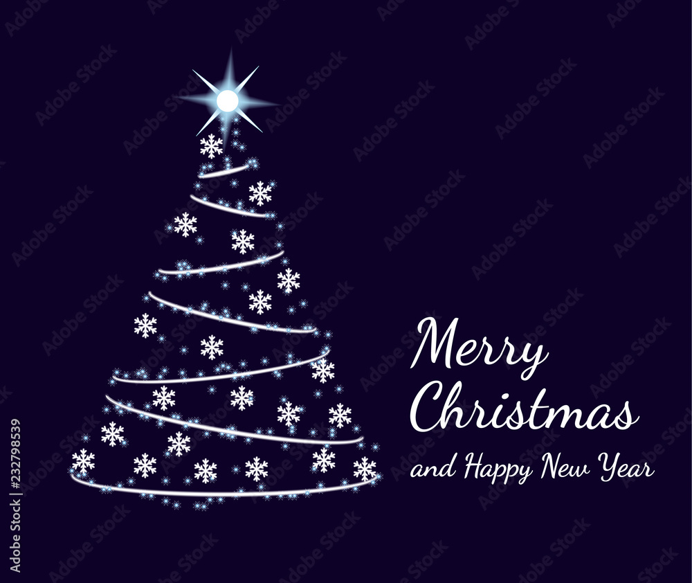 Abstract shining christmas tree with glowing stars, snowflakes and light chain. Merry Christmas and happy new year text, holiday greeting card on dark blue background, eps 10 vector illustration Abstract shining christmas tree with glowing stars, snowflakes and light chain. Merry Christmas and happy new year text, holiday greeting card on dark blue background, eps 10 vector illustration