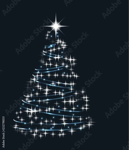 Abstract shining blue and white christmas Tree made of light chain and stars on dark green backgroud  christmas greeting card element  eps 10 vector illustration