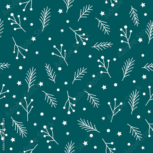 Seamless christmas pattern with white fir twigs, berries, spruce tree sprig stars and circles on dark blue green background, vector retro style