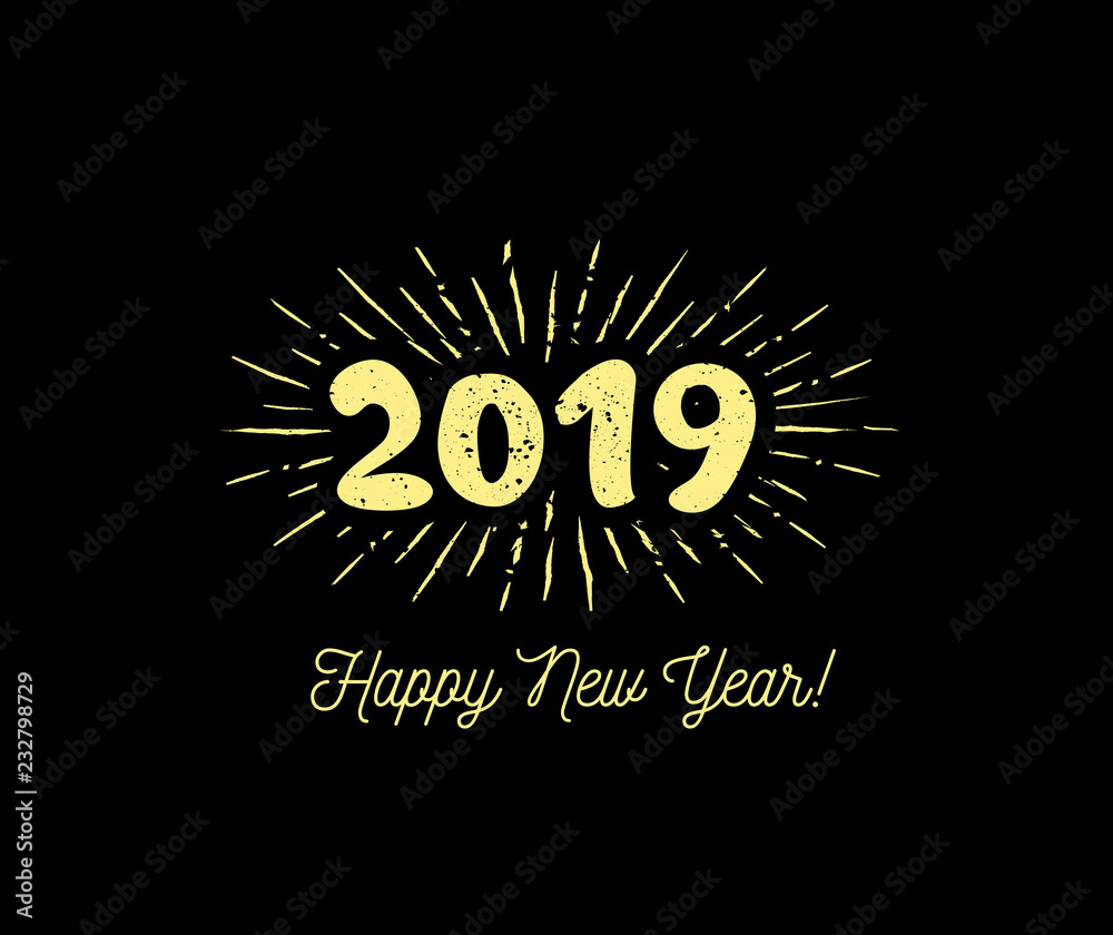 Fototapeta premium Sunbursts 2019. Congratulation with Happy New Year. Vector illustration