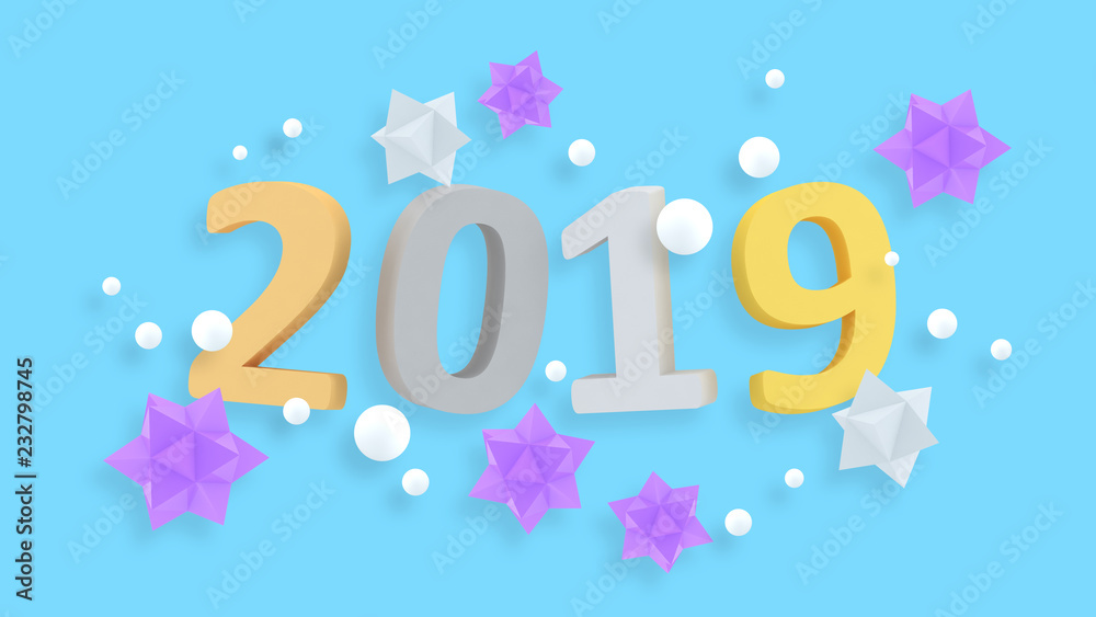 2019 New Year wallpaper. 3d background. Abstract shapes 3d. Year of Earth Pig. Winter holiday. New Year poster. Pastel. Minimalism. Trendy modern illustration. Render.