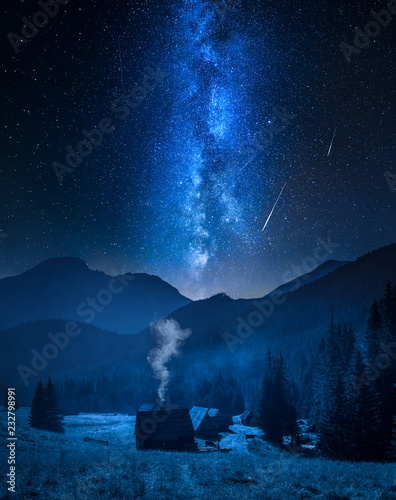 Milky way over valley Chocholowska with cottage, Tatra Mountains, Poland