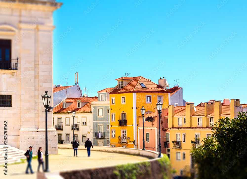 Beautiful colorful buildings surrounding National Pantheon in Lisbon, Portugal