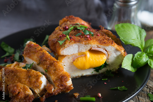 Bild auf Leinwand Chicken cordon bleu. Chicken roll with ham and cheese