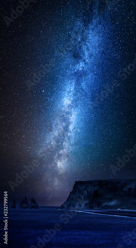 Milky way over black sand beach at night, Iceland