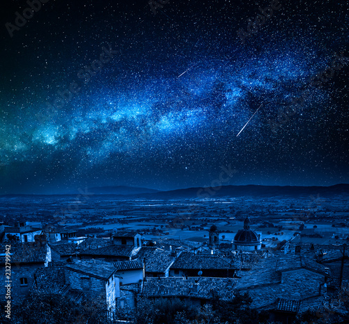 Milky way over Assisi in Umbria, Italy