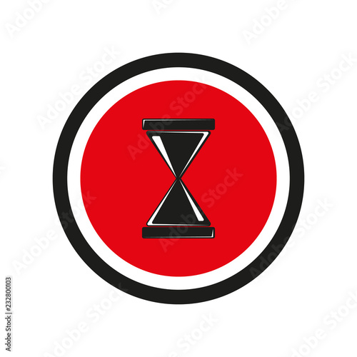 Stylish vector logo of hourglass. Vector illustration of black hourglass in flat design. Icon isolated on red circle with black outline.