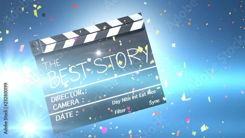 Best story , text title on movie Clapper board,confetti celebration