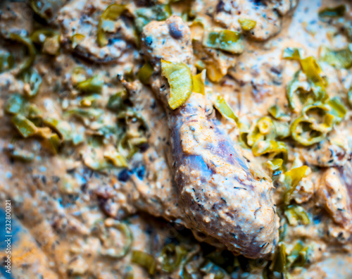 Close up of marinated dahi chicken or curd chicken or yogurt chicken with red chili powder,turmeric powder,curd,dahi,and green chillies along with some spices. photo