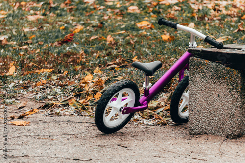 Violet balance bicycle near a park bench on a colourful autumn day