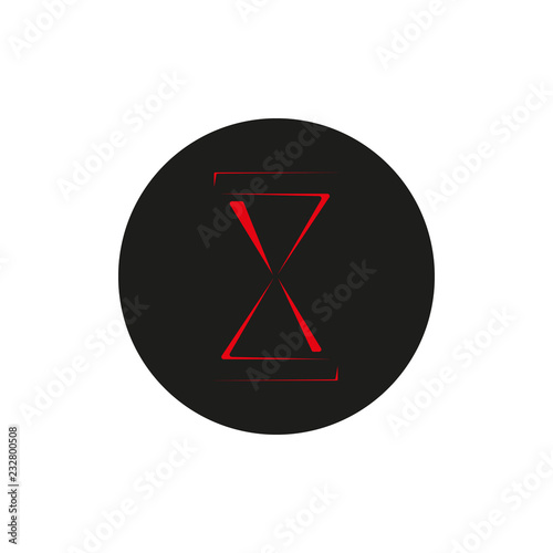 Stylish vector logo of hourglass. Vector illustration of black hourglass in flat design. Icon isolated on black circle.