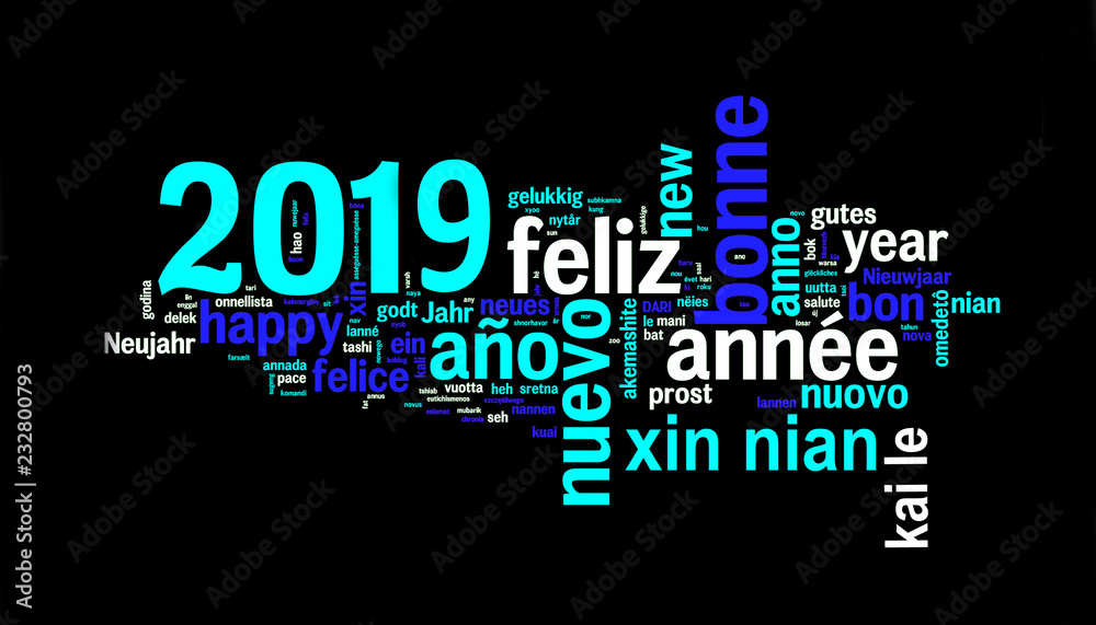2019 greeting card on black background, new year translated in many languages