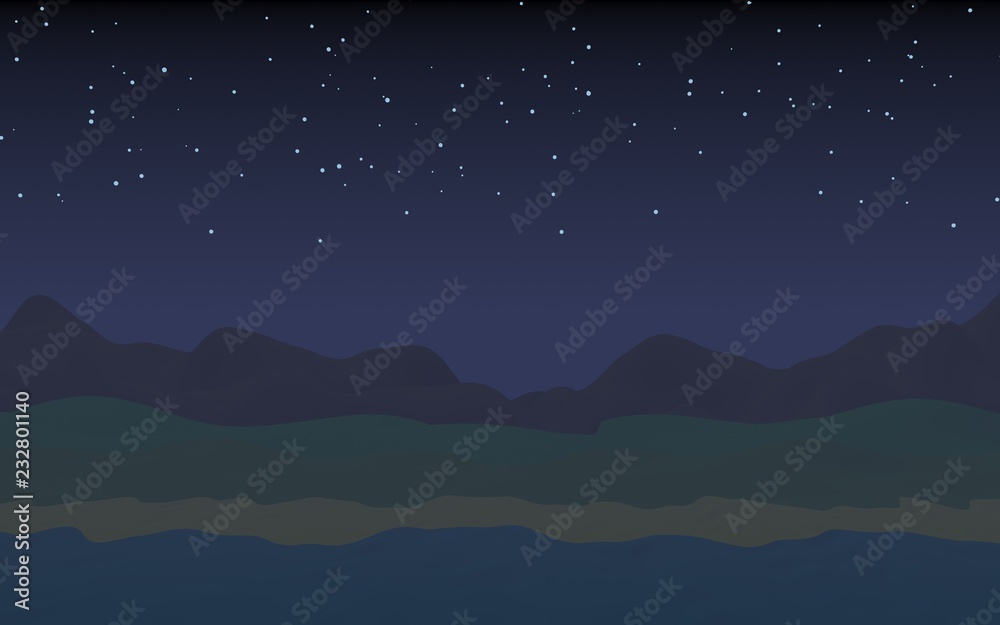 Starry moonless sky. Ocean shore line with waves on a beach. Island beach paradise with waves. Vacation, summer, relaxation. Seascape, seashore. Minimalist landscape, primitivism. 3D illustration Starry moonless sky. Ocean shore line with waves on a beach. Island beach paradise with waves. Vacation, summer, relaxation. Seascape, seashore. Minimalist landscape, primitivism. 3D illustration