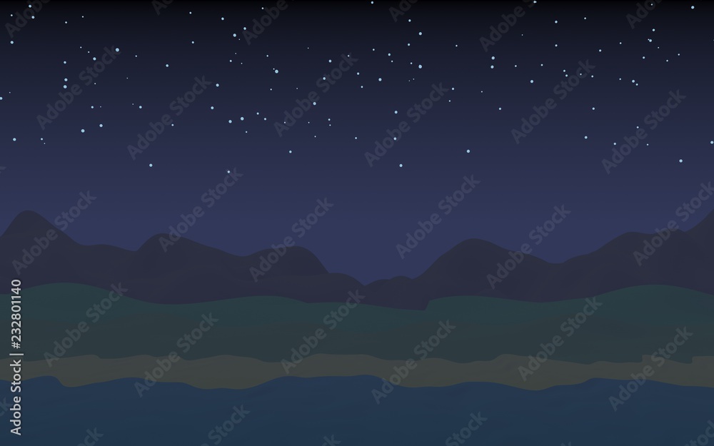 Starry moonless sky. Ocean shore line with waves on a beach. Island beach paradise with waves. Vacation, summer, relaxation. Seascape, seashore. Minimalist landscape, primitivism. 3D illustration