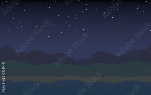 Starry moonless sky. Ocean shore line with waves on a beach. Island beach paradise with waves. Vacation  summer  relaxation. Seascape  seashore. Minimalist landscape  primitivism. 3D illustration