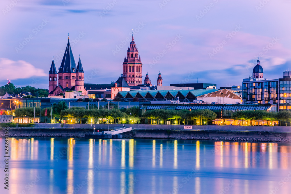 Mainz cityscape color picture in the blue hour with St. Martin´s cathedral