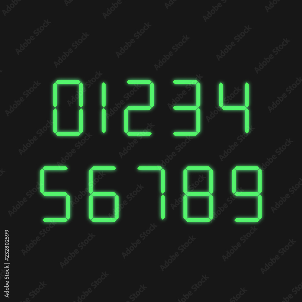 Green glowing calculator digital numbers. Vector illustration isolated on black background.