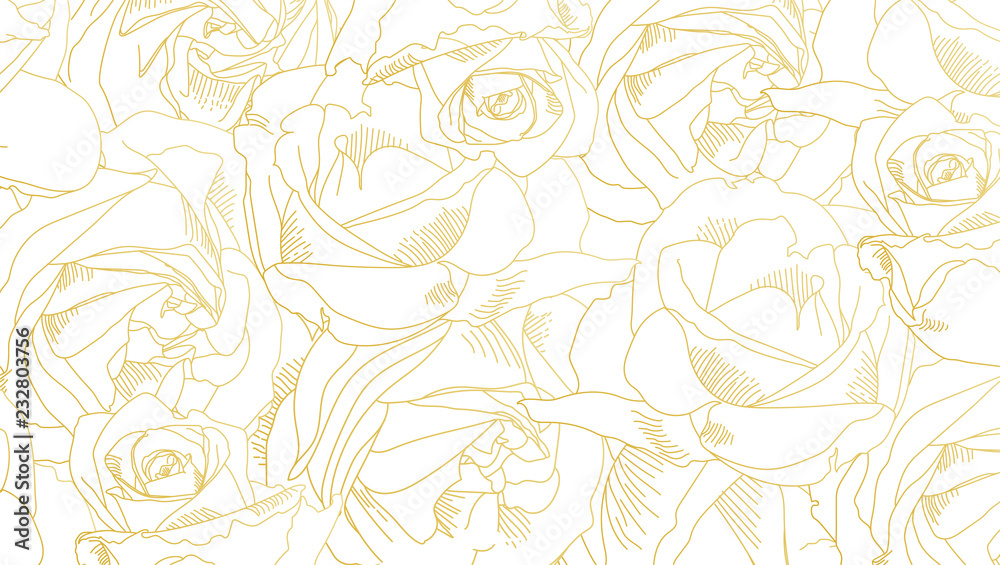 Fototapeta Roses bud outlines. Pattern with flowers in yellow and golden colors. Abstract art, hand-drawn romantic background. Vector illustration, eps10.
