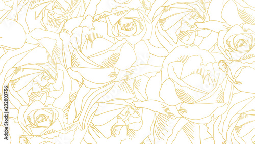Roses bud outlines. Pattern with flowers in yellow and golden colors. Abstract art, hand-drawn romantic background. Vector illustration, eps10.